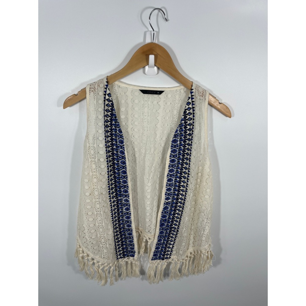 Womens Pointelle Knit Vest 6 Cream Fringe Western Boho Chic Rodeo Concert